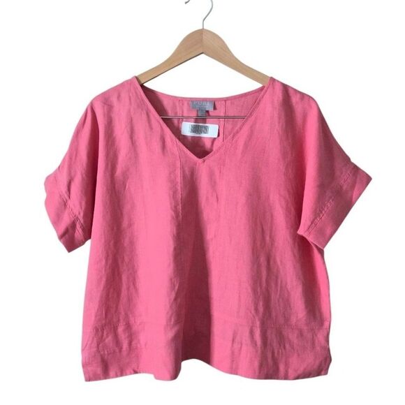 PURE Collection 100% Linen Shirt Short Sleeve Crop Top Size Medium Pink - Picture 1 of 7